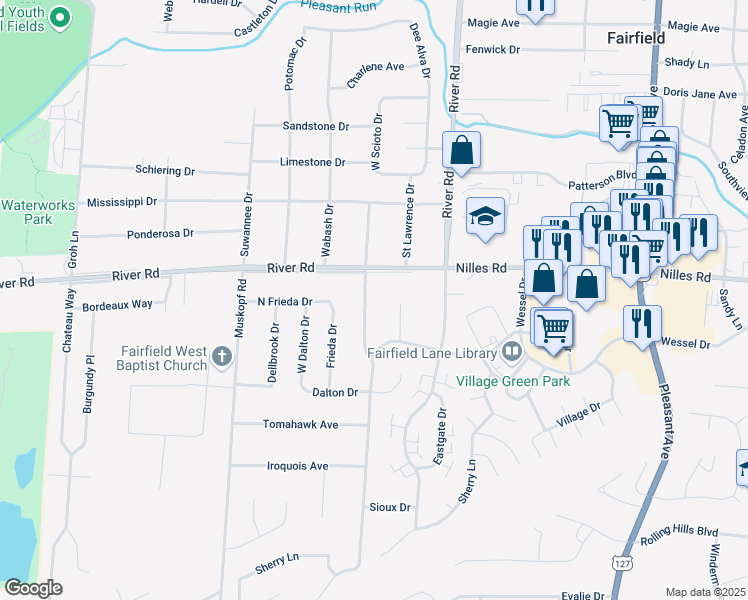 map of restaurants, bars, coffee shops, grocery stores, and more near 5279 River Road in Fairfield