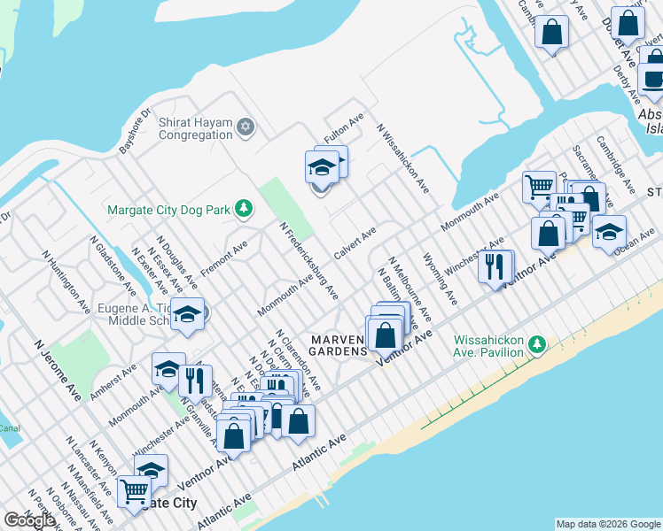 map of restaurants, bars, coffee shops, grocery stores, and more near 306 Waldon Drive in Ventnor City