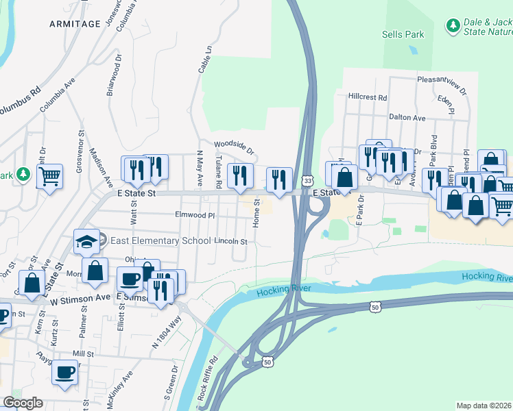 map of restaurants, bars, coffee shops, grocery stores, and more near 20 Home Street in Athens