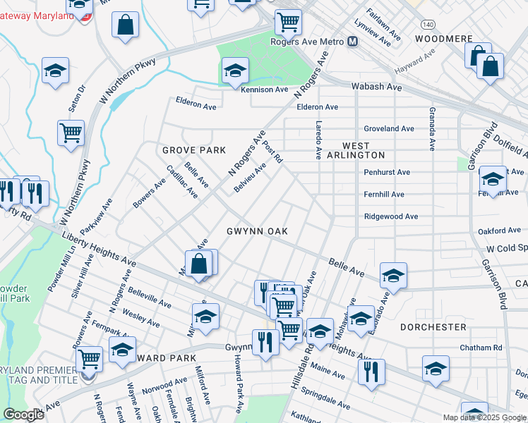 map of restaurants, bars, coffee shops, grocery stores, and more near 3812 Milford Avenue in Baltimore