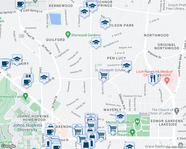 map of restaurants, bars, coffee shops, grocery stores, and more near 3901 Greenmount Avenue in Baltimore