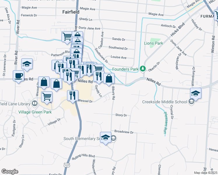 map of restaurants, bars, coffee shops, grocery stores, and more near 770 Nilles Road in Fairfield