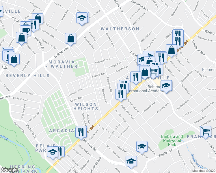 map of restaurants, bars, coffee shops, grocery stores, and more near 4001 Ridgecroft Road in Baltimore