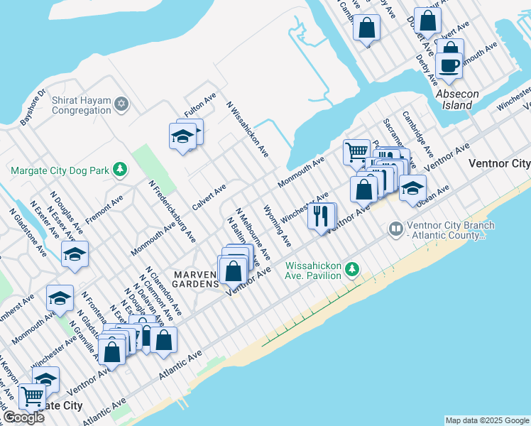 map of restaurants, bars, coffee shops, grocery stores, and more near 122 North Rosborough Avenue in Ventnor City
