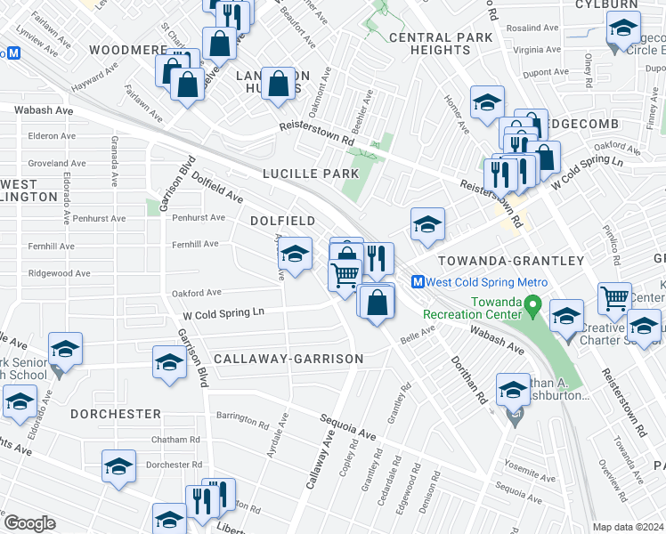 map of restaurants, bars, coffee shops, grocery stores, and more near 3641 Dolfield Avenue in Baltimore