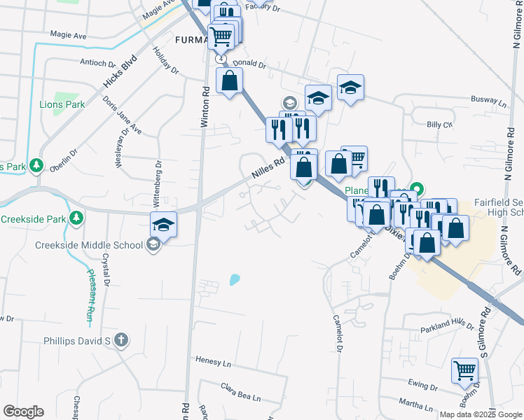 map of restaurants, bars, coffee shops, grocery stores, and more near 11 Bellbrook Court in Fairfield