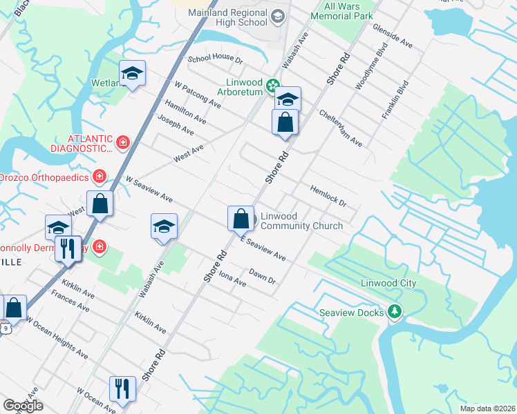map of restaurants, bars, coffee shops, grocery stores, and more near 1732 Shore Road in Linwood