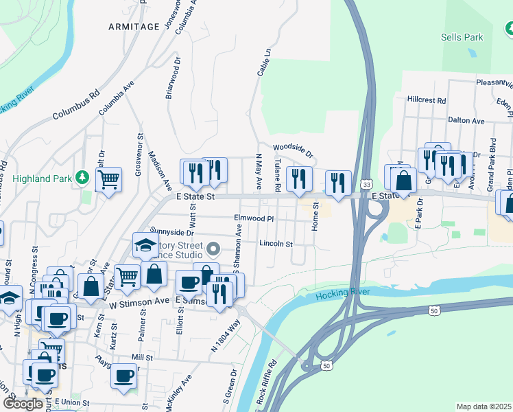 map of restaurants, bars, coffee shops, grocery stores, and more near 306E East State Street in Athens