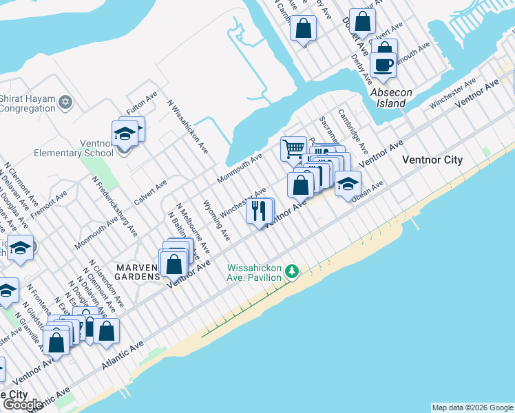 map of restaurants, bars, coffee shops, grocery stores, and more near 26 North Richards Avenue in Ventnor City