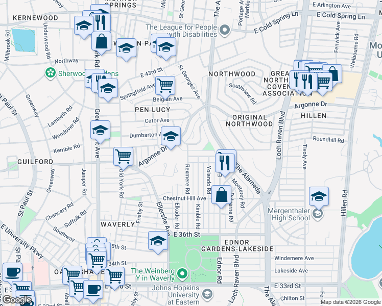 map of restaurants, bars, coffee shops, grocery stores, and more near 902 Andover Road in Baltimore