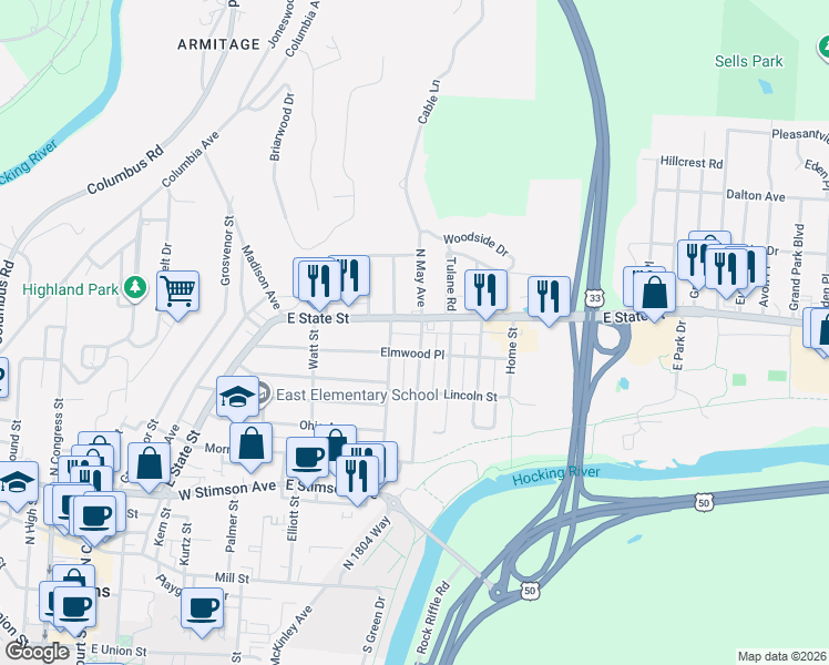 map of restaurants, bars, coffee shops, grocery stores, and more near 306E East State Street in Athens