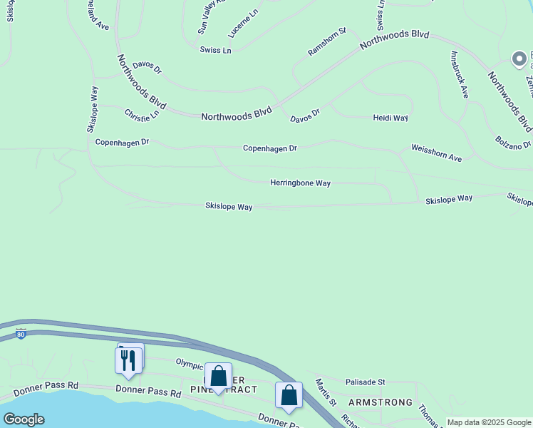map of restaurants, bars, coffee shops, grocery stores, and more near 11951 Ski Slope Way in Truckee