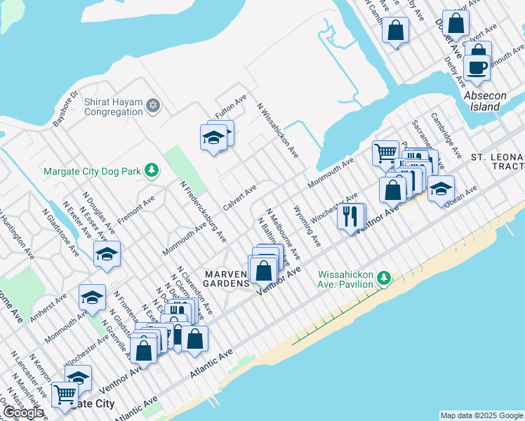 map of restaurants, bars, coffee shops, grocery stores, and more near 7021-7023 Ventnor Avenue in Ventnor City