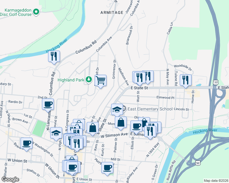 map of restaurants, bars, coffee shops, grocery stores, and more near 143 Franklin Avenue in Athens