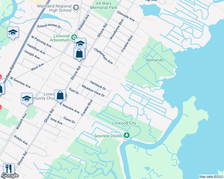 map of restaurants, bars, coffee shops, grocery stores, and more near 1625 Somerset Boulevard in Linwood