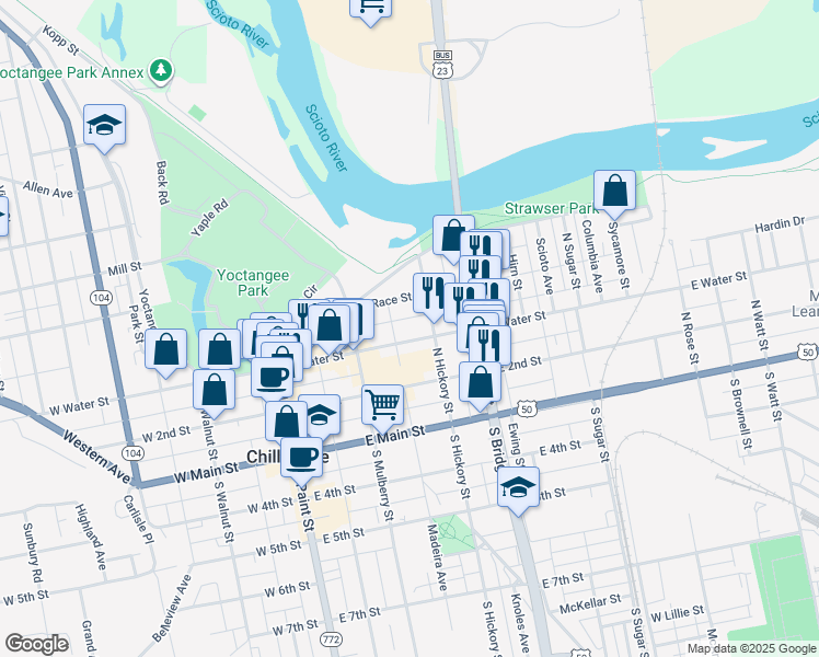 map of restaurants, bars, coffee shops, grocery stores, and more near 148 North Hickory Street in Chillicothe