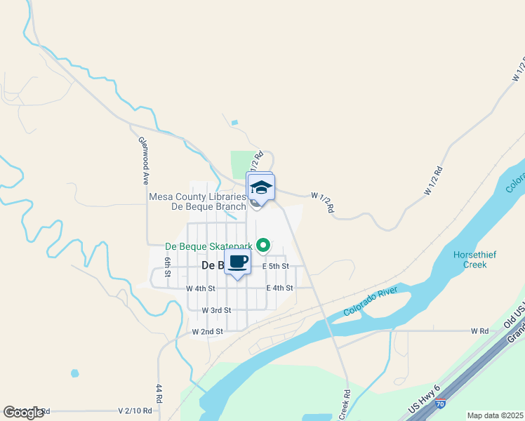 map of restaurants, bars, coffee shops, grocery stores, and more near 730 Minter Avenue in De Beque