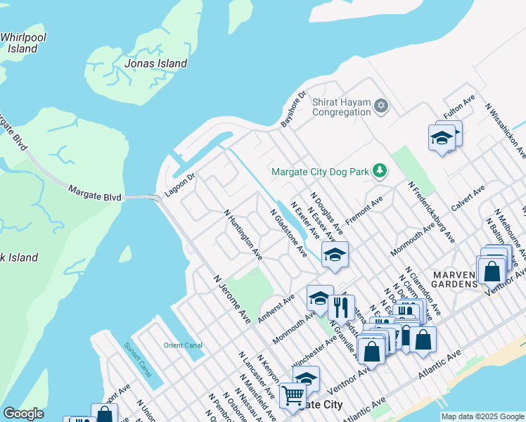 map of restaurants, bars, coffee shops, grocery stores, and more near 422 North Gladstone Avenue in Margate City