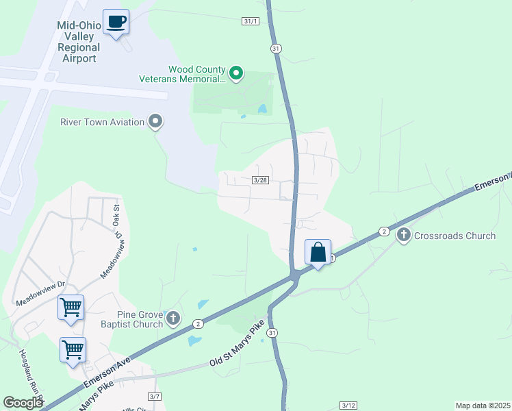 map of restaurants, bars, coffee shops, grocery stores, and more near School House Rd in Parkersburg
