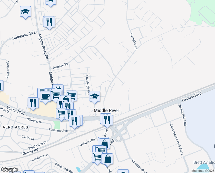 map of restaurants, bars, coffee shops, grocery stores, and more near 43 Salix Court in Middle River