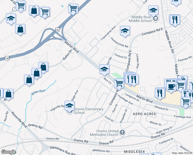 map of restaurants, bars, coffee shops, grocery stores, and more near 621 Fuselage Avenue in Essex