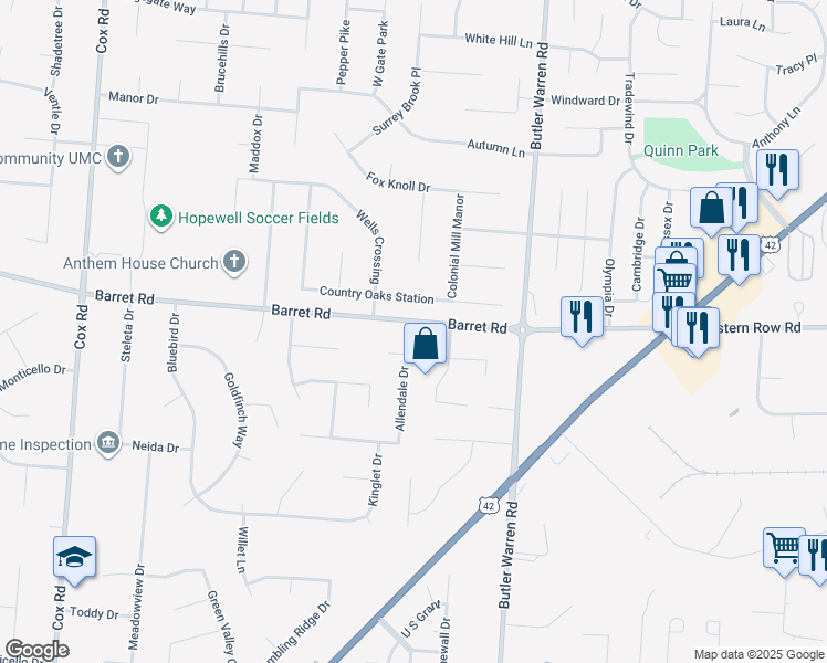 map of restaurants, bars, coffee shops, grocery stores, and more near 8247 Country Oaks Station in Butler County