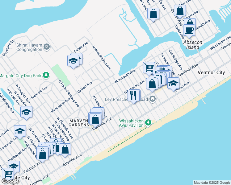 map of restaurants, bars, coffee shops, grocery stores, and more near 122 North Rosborough Avenue in Ventnor City