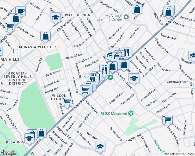 map of restaurants, bars, coffee shops, grocery stores, and more near 4033 Belwood Avenue in Baltimore