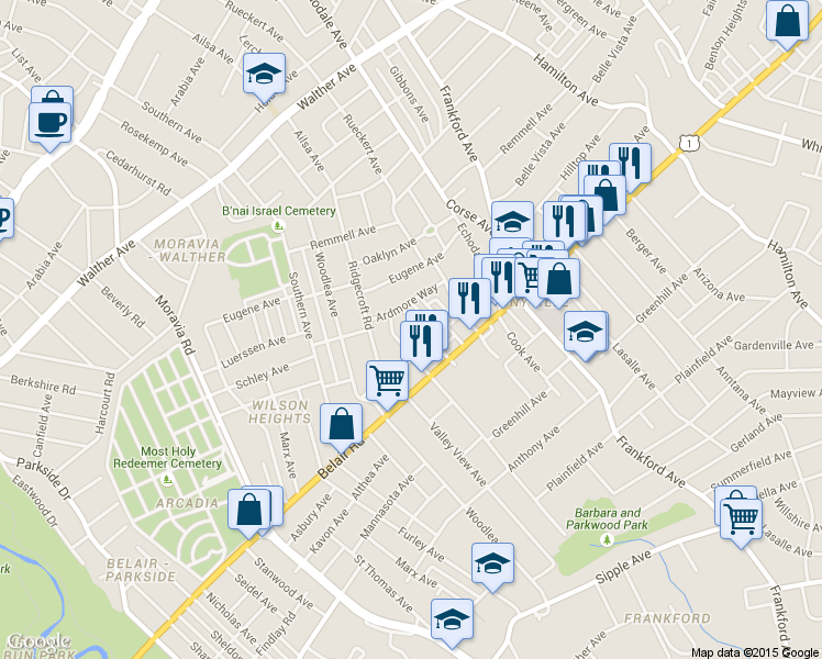 map of restaurants, bars, coffee shops, grocery stores, and more near 4007 Chesmont Ave in Baltimore