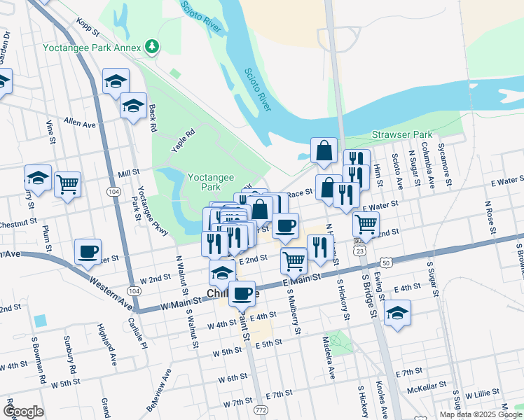map of restaurants, bars, coffee shops, grocery stores, and more near 164 North Mulberry Street in Chillicothe