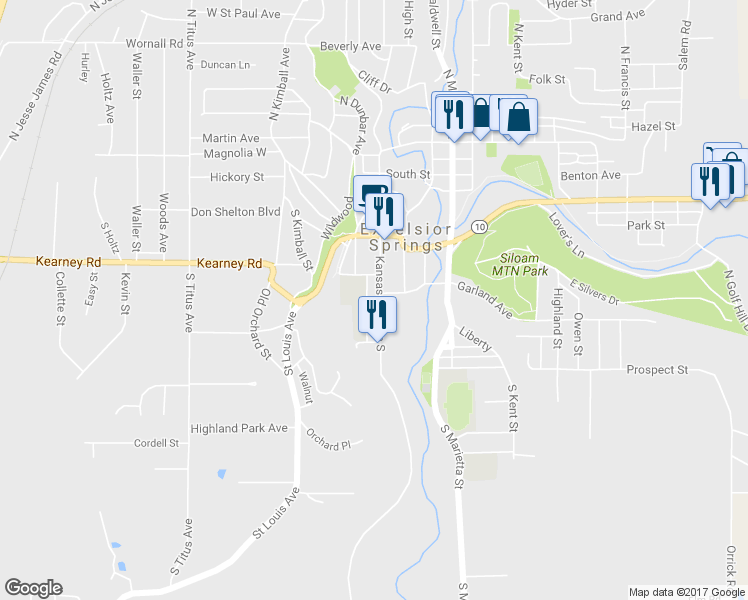 map of restaurants, bars, coffee shops, grocery stores, and more near 404 Regent Avenue in Excelsior Springs