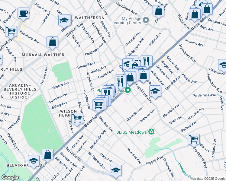 map of restaurants, bars, coffee shops, grocery stores, and more near 4033 Belwood Avenue in Baltimore