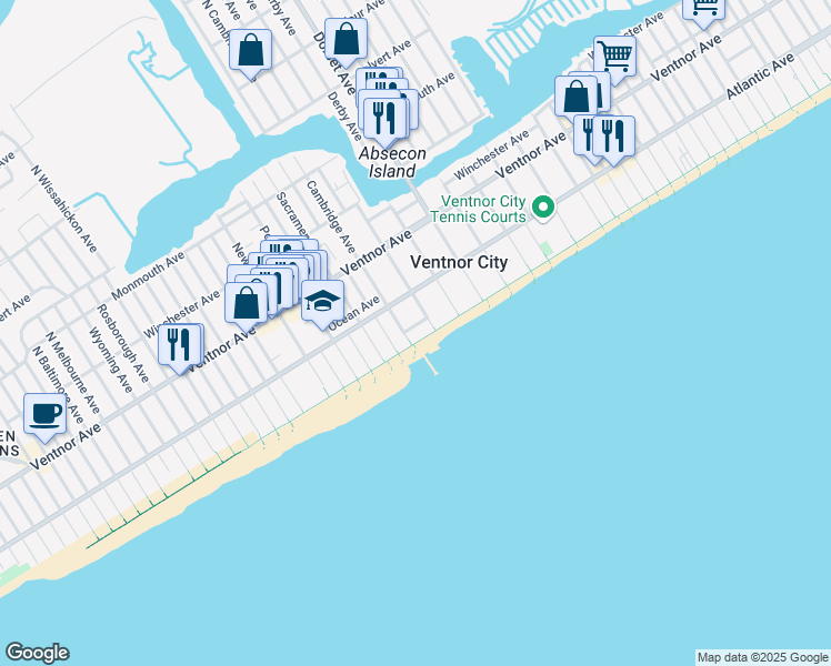 map of restaurants, bars, coffee shops, grocery stores, and more near 106 South Cornwall Avenue in Ventnor City