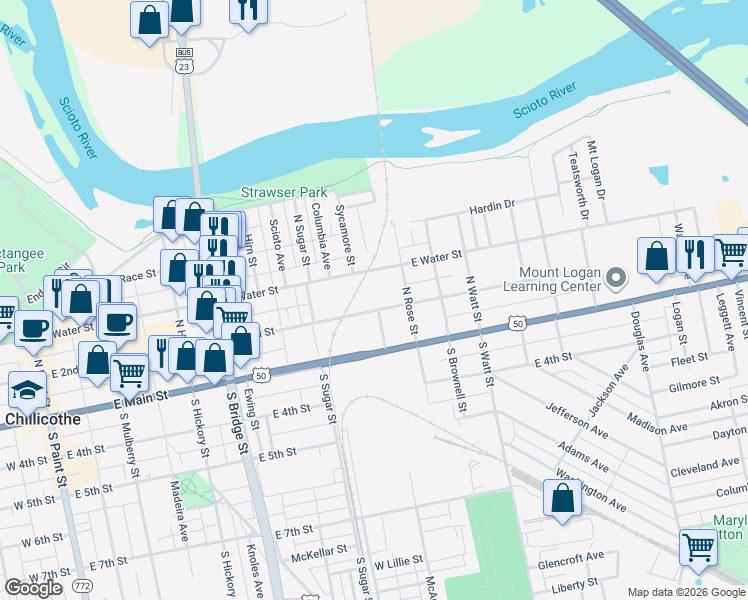 map of restaurants, bars, coffee shops, grocery stores, and more near 516 East Water Street in Chillicothe