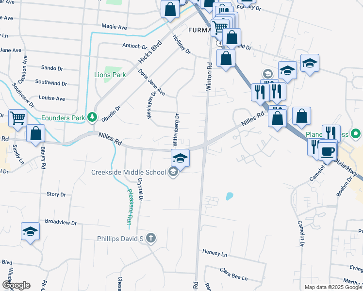 map of restaurants, bars, coffee shops, grocery stores, and more near 1180 Nilles Road in Fairfield