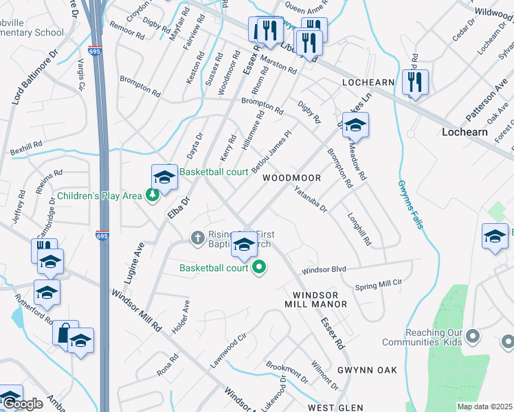 map of restaurants, bars, coffee shops, grocery stores, and more near 3109 Thornfield Road in Lochearn