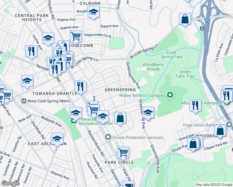 map of restaurants, bars, coffee shops, grocery stores, and more near 2528 Oswego Avenue in Baltimore