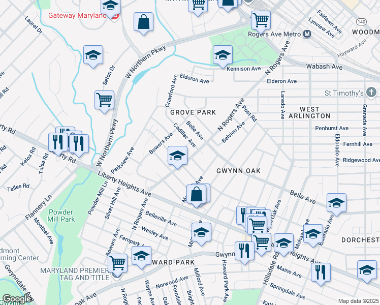 map of restaurants, bars, coffee shops, grocery stores, and more near 3830 North Rogers Avenue in Baltimore