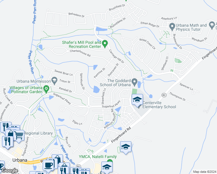 map of restaurants, bars, coffee shops, grocery stores, and more near 3927 Shawfield Lane in Frederick