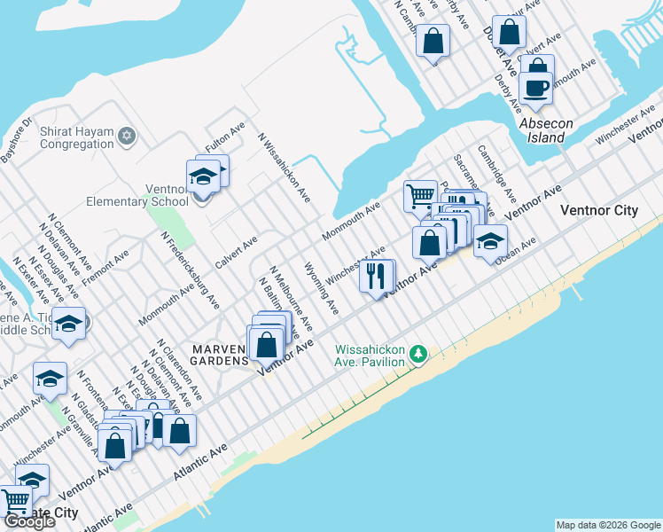 map of restaurants, bars, coffee shops, grocery stores, and more near 122 North Rosborough Avenue in Ventnor City