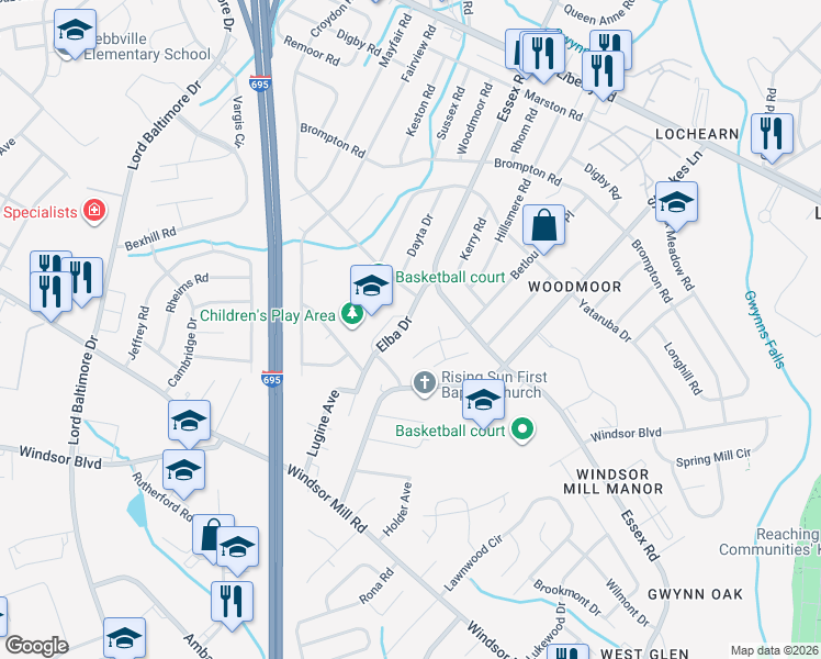 map of restaurants, bars, coffee shops, grocery stores, and more near 3211 Elba Drive in Baltimore