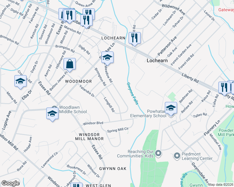 map of restaurants, bars, coffee shops, grocery stores, and more near 6731 Fox Meadow Road in Lochearn