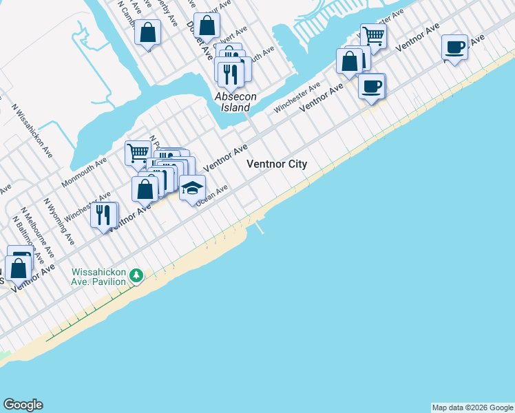 map of restaurants, bars, coffee shops, grocery stores, and more near 106 South Cornwall Avenue in Ventnor City