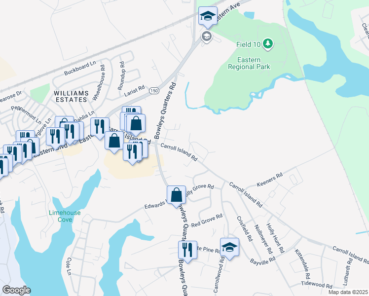 map of restaurants, bars, coffee shops, grocery stores, and more near 223 Carroll Island Road in Middle River