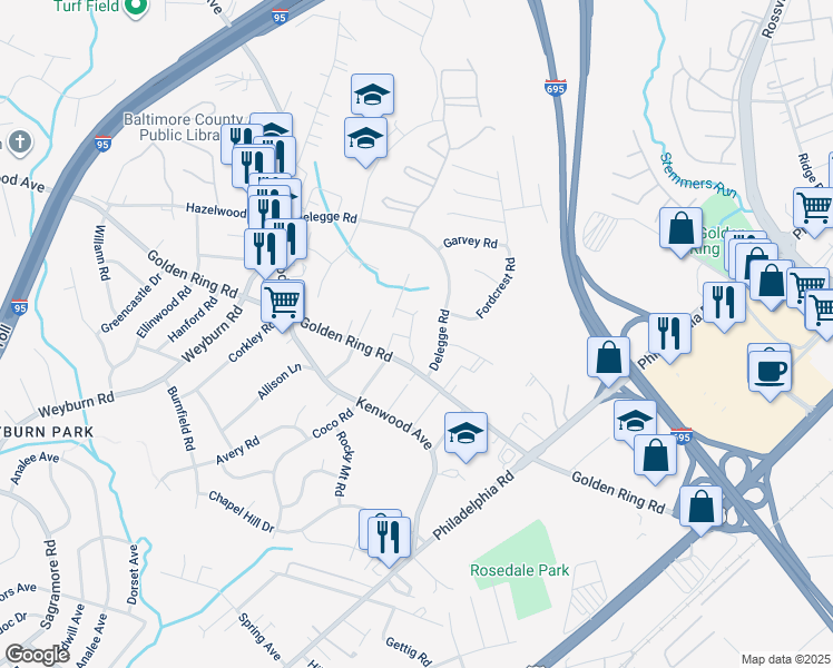 map of restaurants, bars, coffee shops, grocery stores, and more near 8607 Wilenoak Court in Rosedale