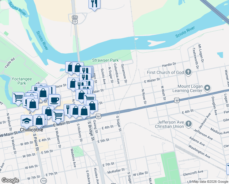 map of restaurants, bars, coffee shops, grocery stores, and more near 10 North Sugar Street in Chillicothe