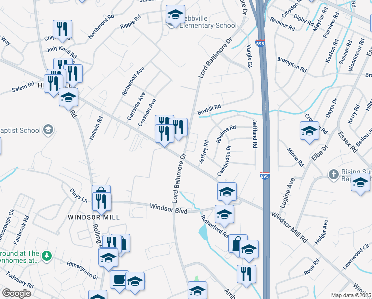 map of restaurants, bars, coffee shops, grocery stores, and more near 7106 Rutherford Green Circle in Milford Mill