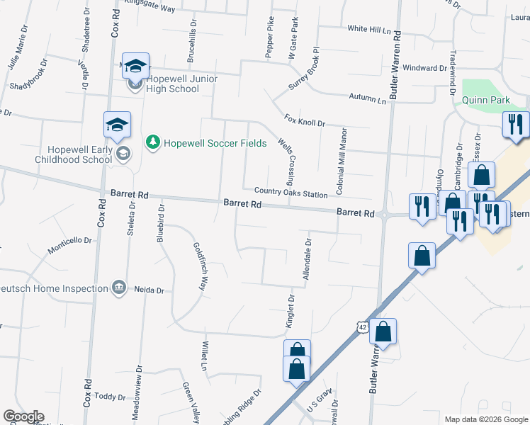 map of restaurants, bars, coffee shops, grocery stores, and more near 8099 Barret Road in Butler County