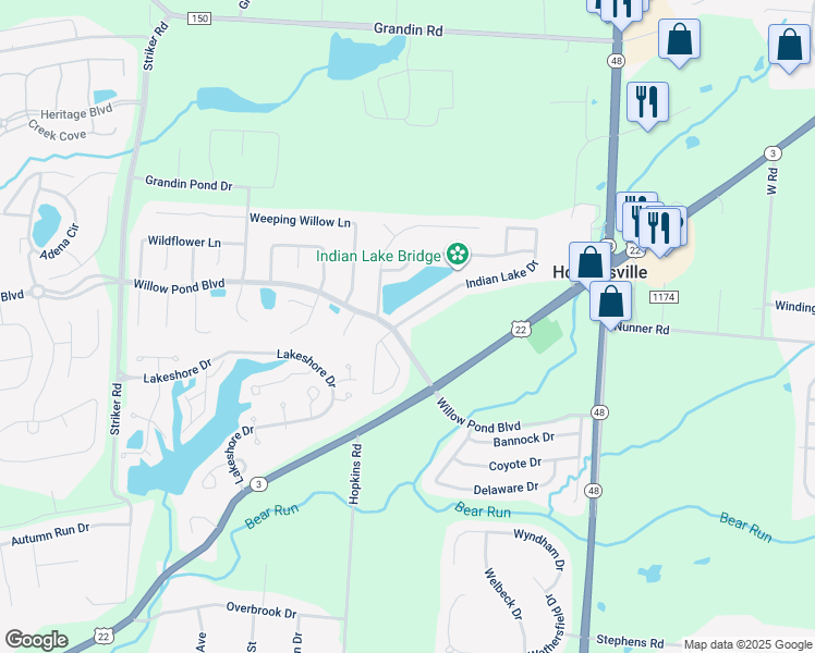 map of restaurants, bars, coffee shops, grocery stores, and more near 599 Indian Lake Drive in Maineville