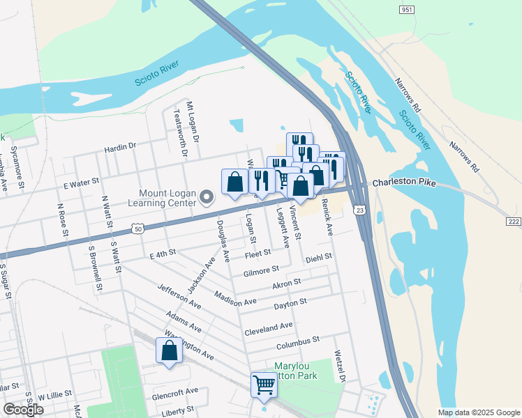 map of restaurants, bars, coffee shops, grocery stores, and more near 968 East Main Street in Chillicothe
